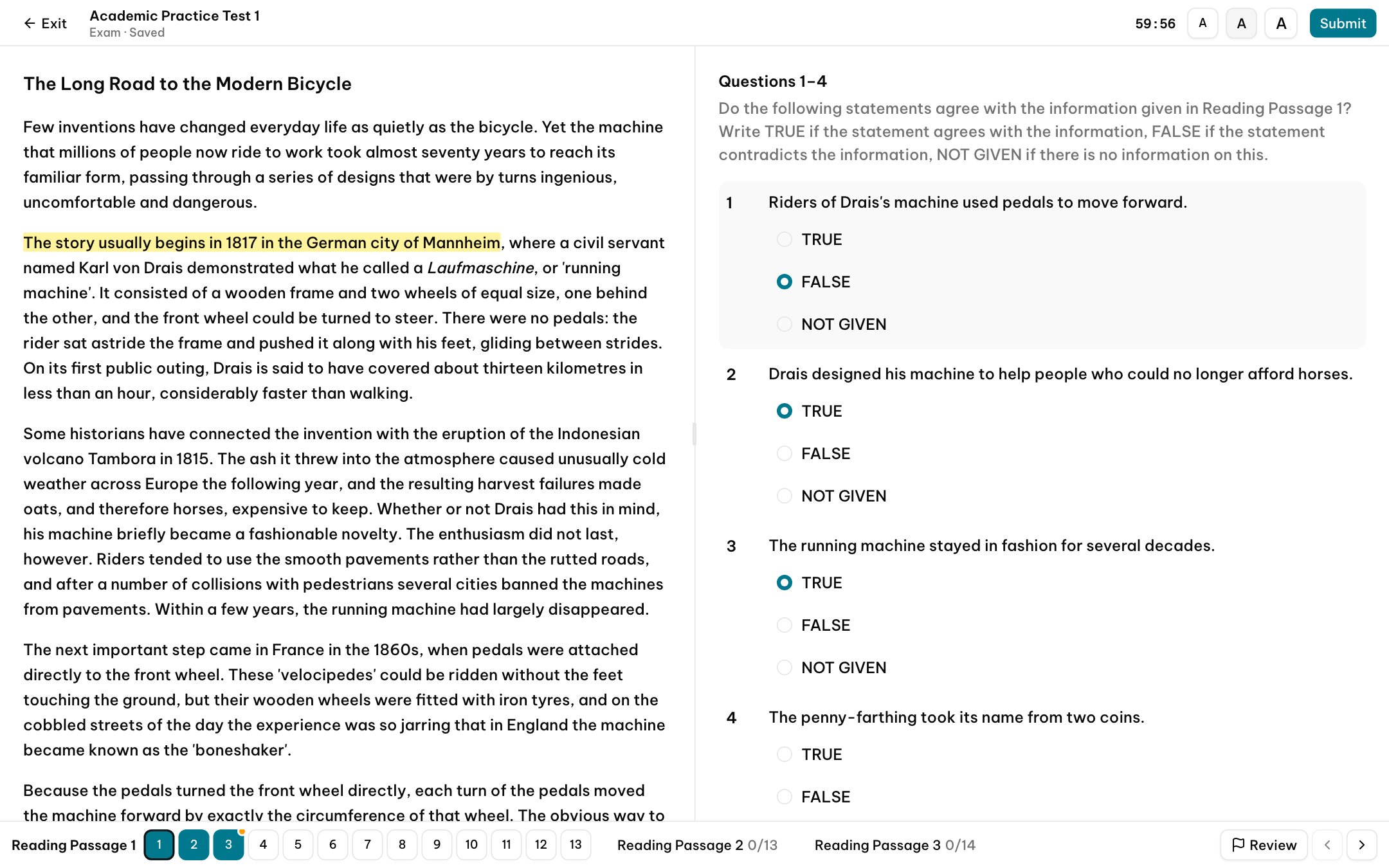 The Tickmark test screen: a Reading passage beside its questions, with a highlight, a flagged question and the timer